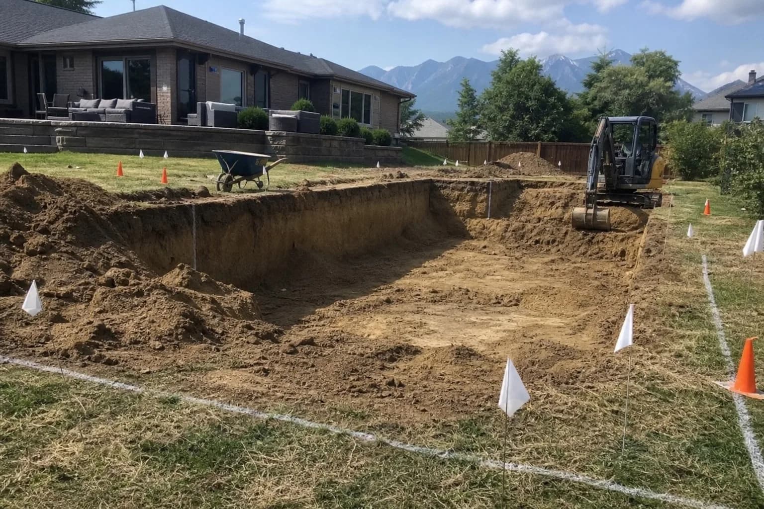 Backyard pool excavation with utility locate flags and stakes marking underground lines before construction