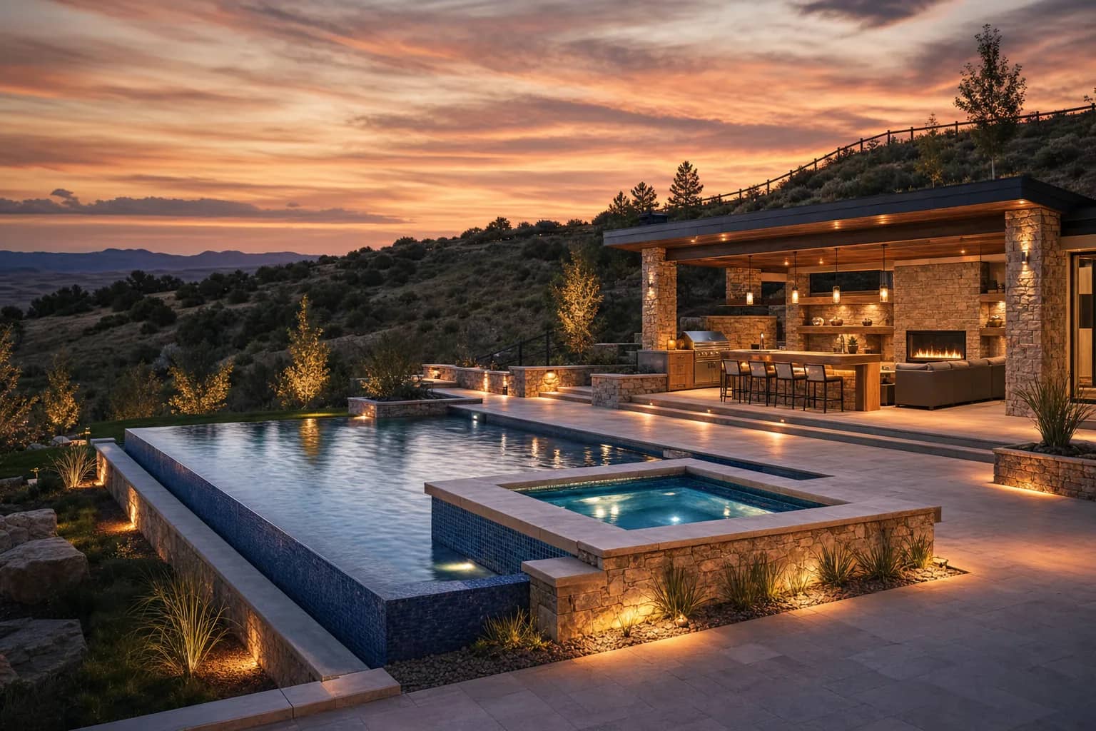 Design visualization of an outdoor living concept at dusk